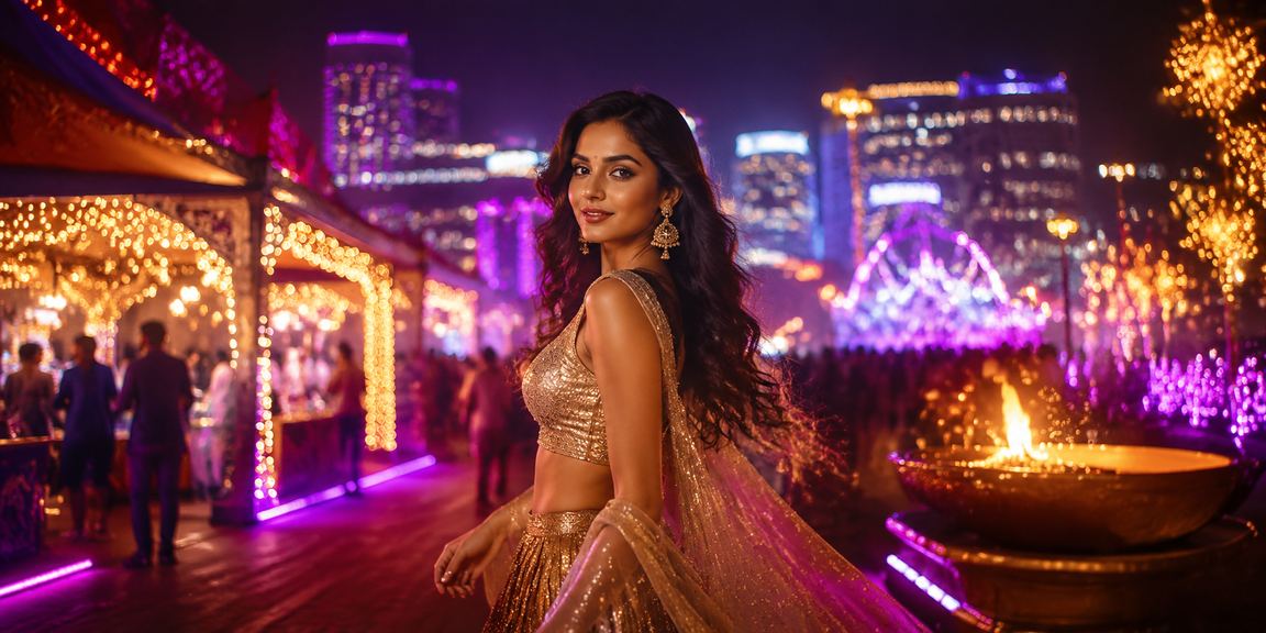Exciting casino entertainment in India, lively atmosphere with bright colors and traditional attire